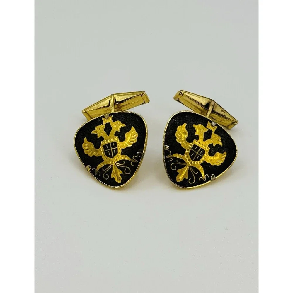 Vintage 1960s Gold Tone Black Enamel Heraldic Eagle Crest Cufflinks MCM Men’s